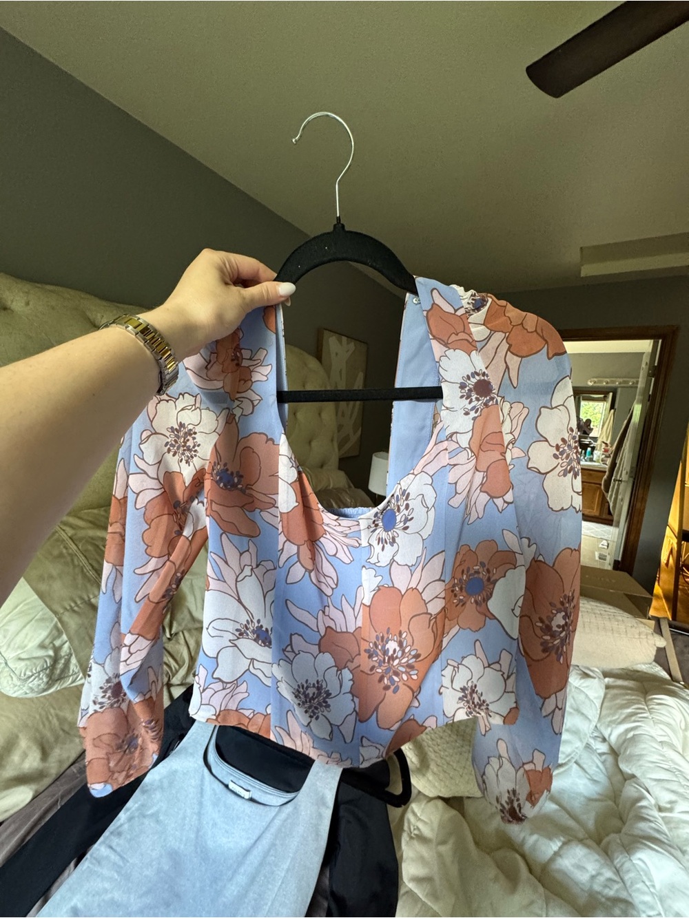 Aritzia V-Neck Long Sleeve Top in Light Blue and Rust